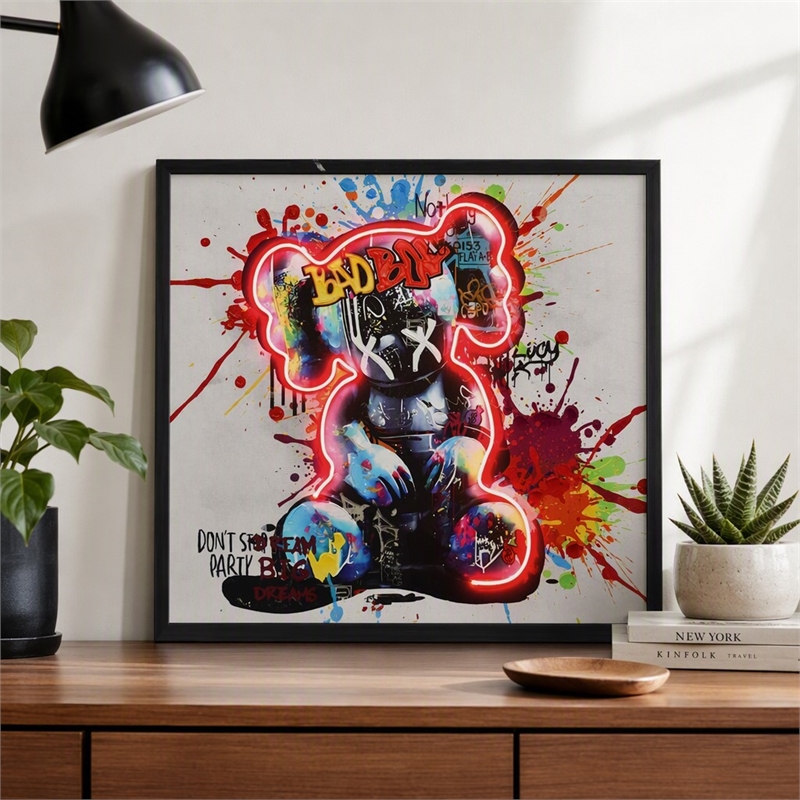 Pemberly Row Graffiti Bear Neon Canvas Art in Multi-Color with Black Frame
