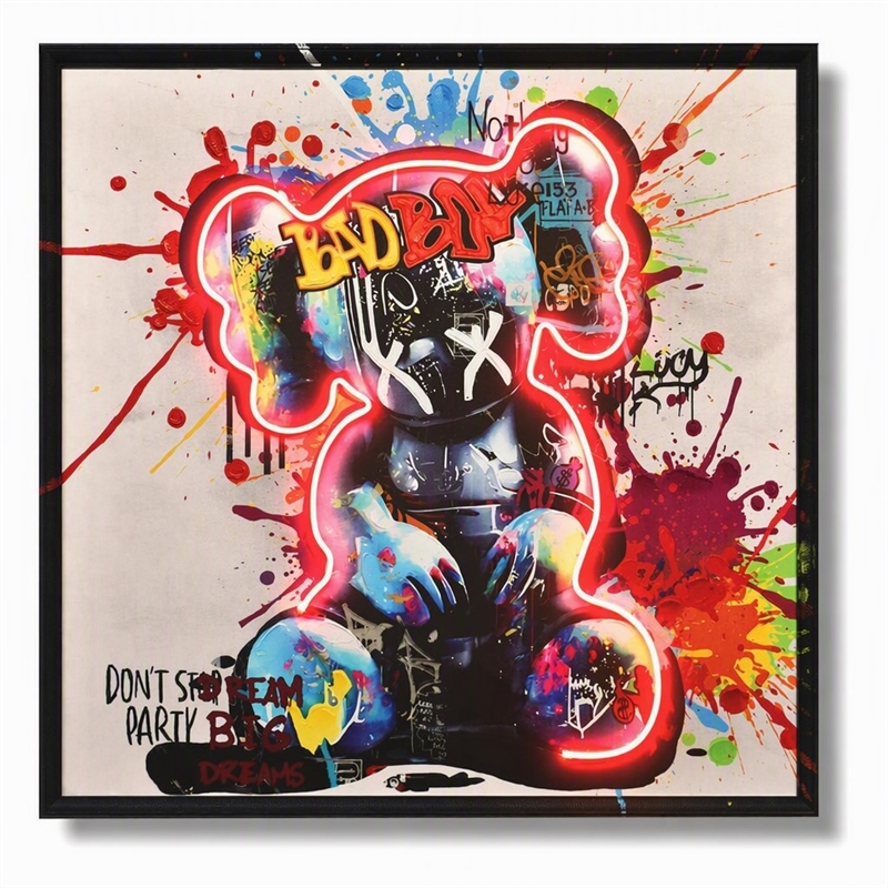 Pemberly Row Graffiti Bear Neon Canvas Art in Multi-Color with Black Frame