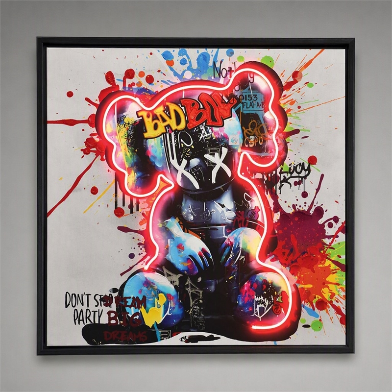 Pemberly Row Graffiti Bear Neon Canvas Art in Multi-Color with Black Frame