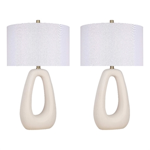 Pemberly Row White Sculptural Ceramic Table Lamp Set with Linen Shade