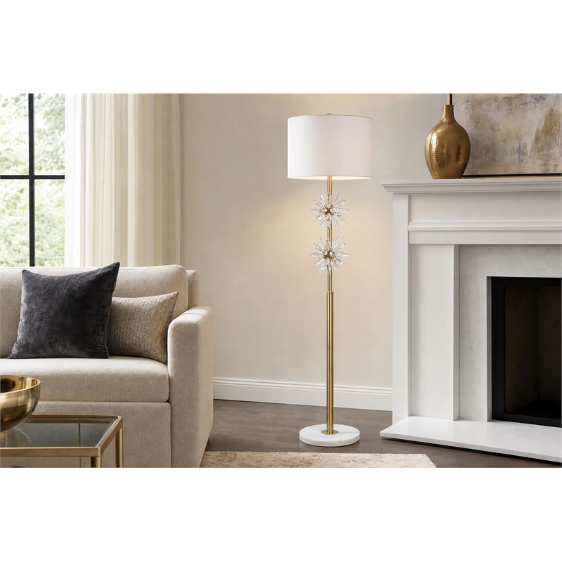 Pemberly Row Crystal Bloom Floor Lamp with Marble Base in Soft Gold