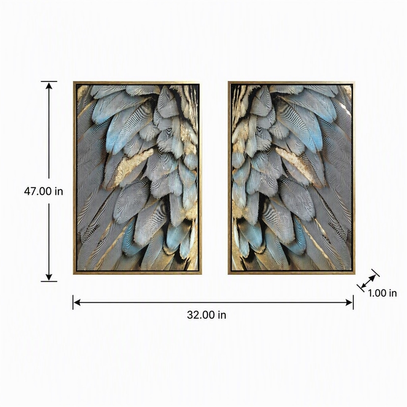 Pemberly Row Gilded Plume Multi-Color Canvas Wall Art - Wood Frame - Set of 2