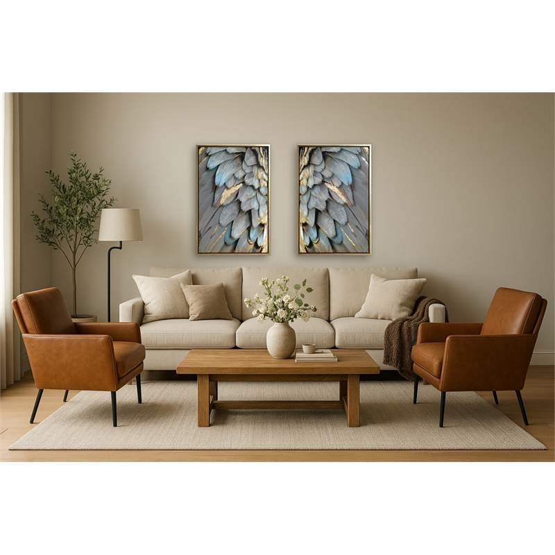 Pemberly Row Gilded Plume Multi-Color Canvas Wall Art - Wood Frame - Set of 2