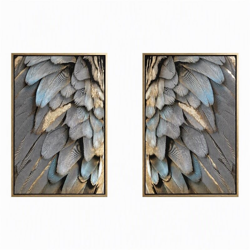 Pemberly Row Gilded Plume Multi-Color Canvas Wall Art - Wood Frame - Set of 2