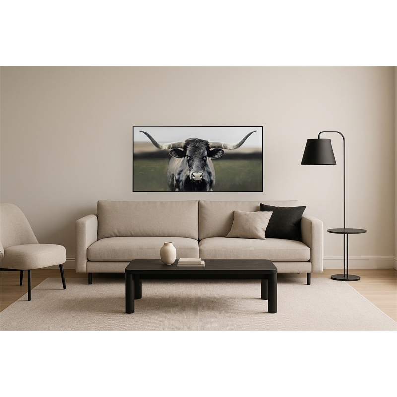 Pemberly Row Majestic Longhorn Multi-Color Canvas Wall Art - Black Wood Frame