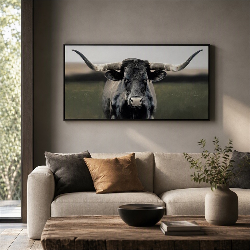 Pemberly Row Majestic Longhorn Multi-Color Canvas Wall Art - Black Wood Frame