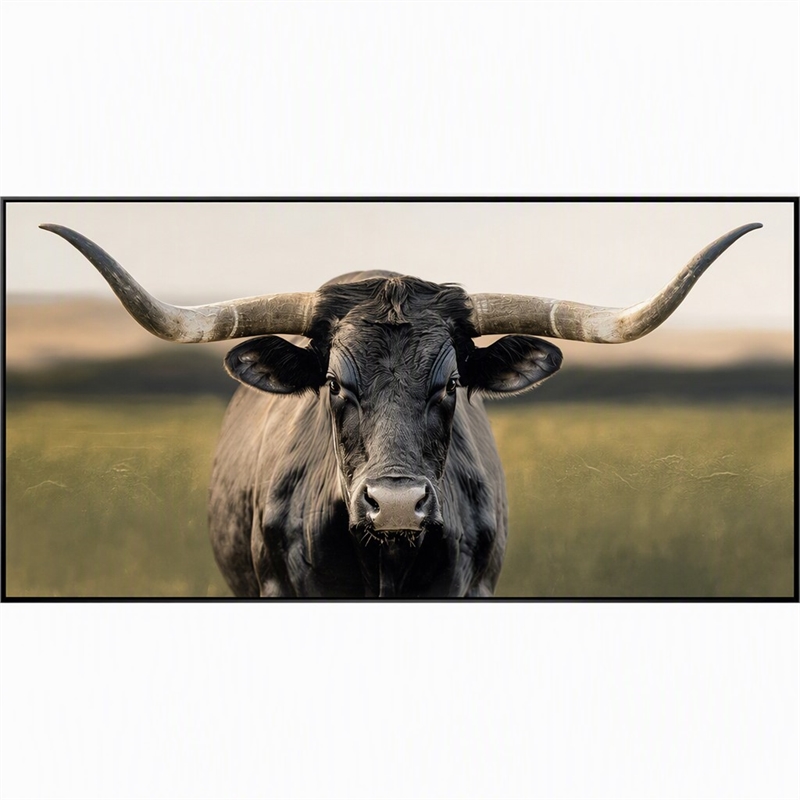 Pemberly Row Majestic Longhorn Multi-Color Canvas Wall Art - Black Wood Frame