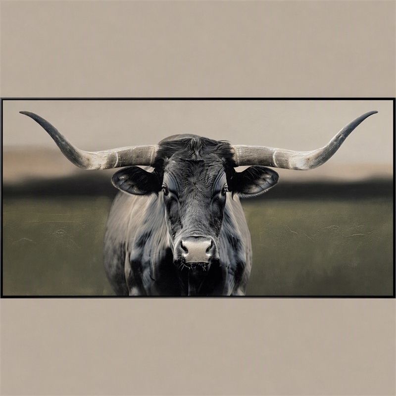 Pemberly Row Majestic Longhorn Multi-Color Canvas Wall Art - Black Wood Frame