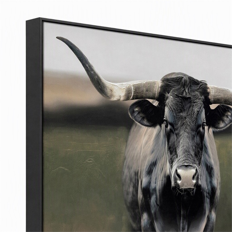Pemberly Row Majestic Longhorn Multi-Color Canvas Wall Art - Black Wood Frame