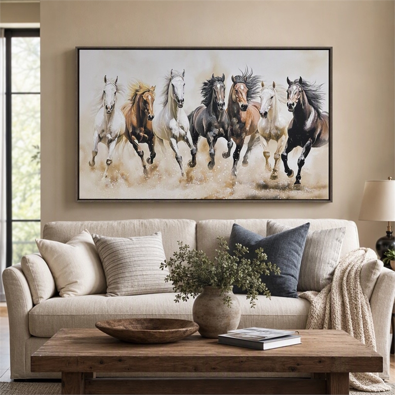 Pemberly Row Horse-Themed Hand-Embellished Canvas Art with Brown Frame