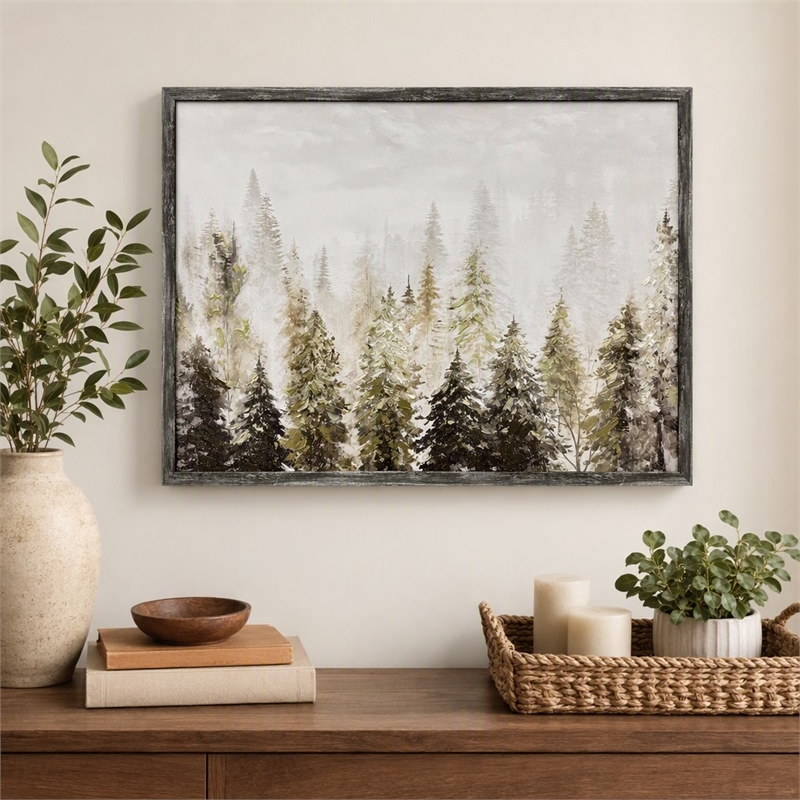 Pemberly Row Winter Woodland Embellished Canvas Art in Gray Frame