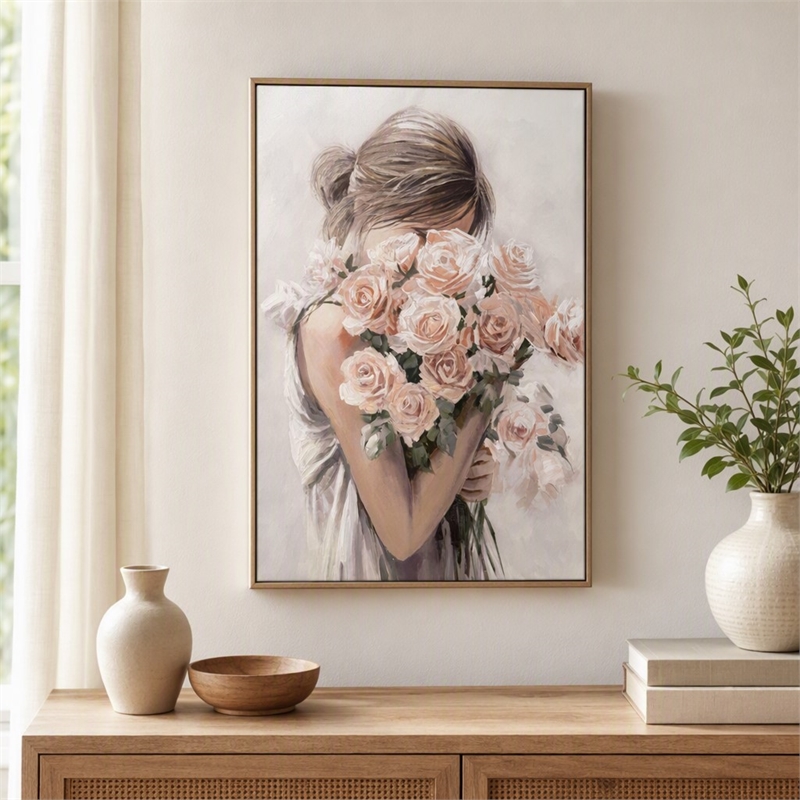 Pemberly Row Roses Embrace Hand-Embellished Canvas Art in Blush Finish