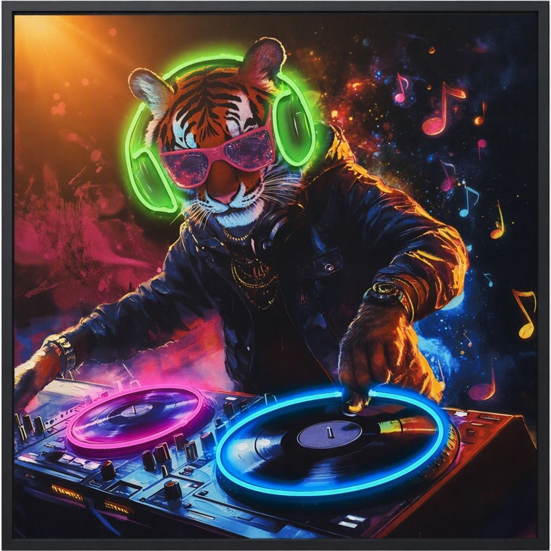 Pemberly Row Multicolor LED Neon Tiger DJ Canvas Wall Art with Wood Frame