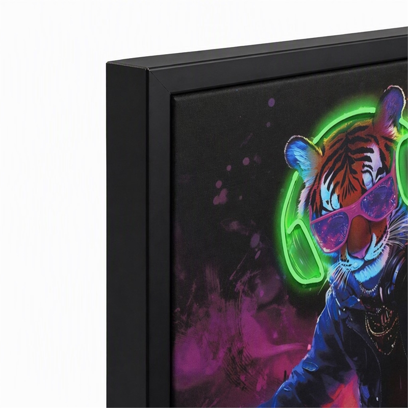 Pemberly Row Multicolor LED Neon Tiger DJ Canvas Wall Art with Wood Frame