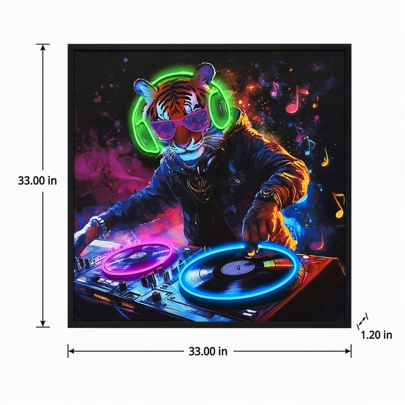 Pemberly Row Multicolor LED Neon Tiger DJ Canvas Wall Art with Wood Frame