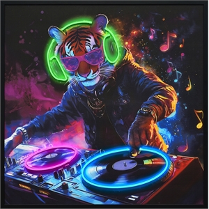 Pemberly Row Multicolor LED Neon Tiger DJ Canvas Wall Art with Wood Frame