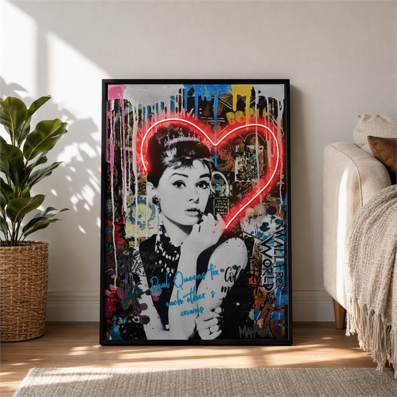 Pemberly Row Multicolor LED Neon Hearts Canvas Wall Art with Wood Frame