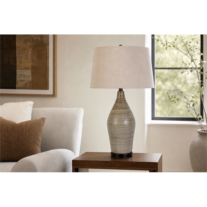 Pemberly Row Serene Stone Ceramic Table Lamp Set in Beige and Black
