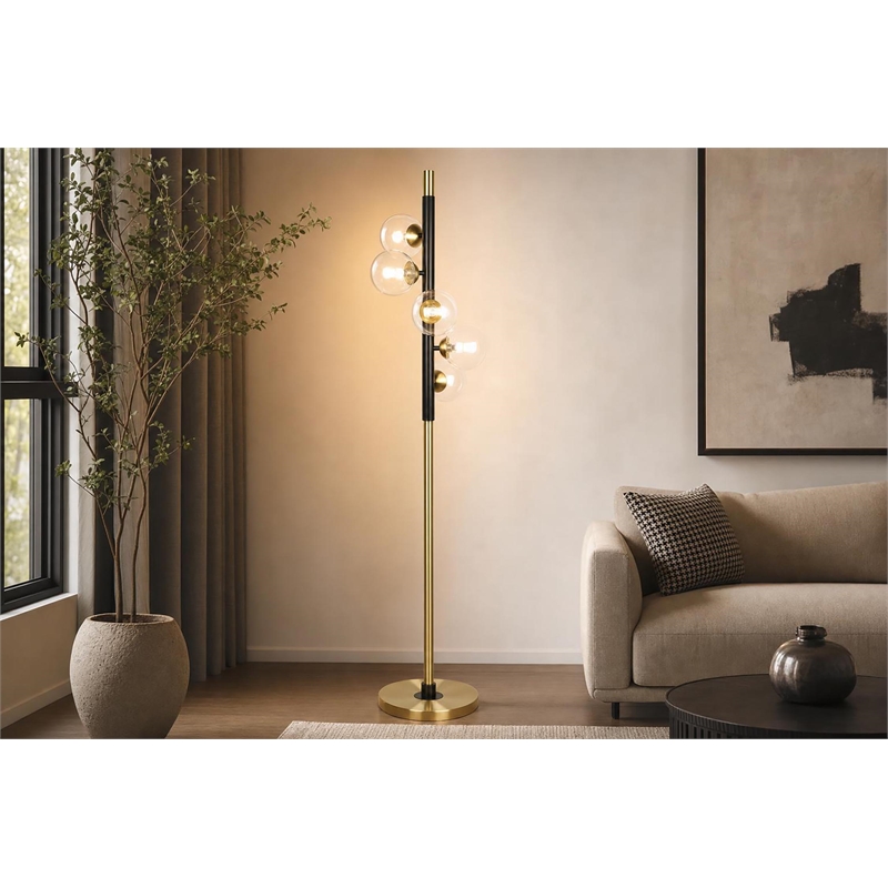 Pemberly Row Orbit Metal Floor Lamp with Matte Black and Soft Gold Accents