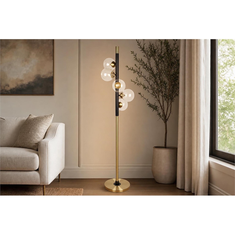 Pemberly Row Orbit Metal Floor Lamp with Matte Black and Soft Gold Accents