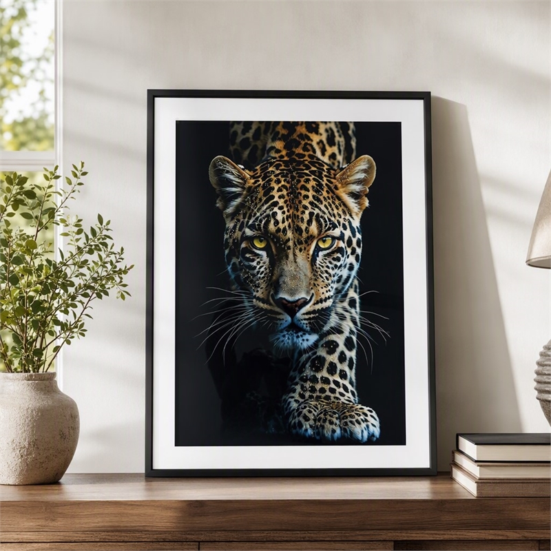 Pemberly Row Midnight Stalker II Leopard Portrait Gloss Canvas Black Frame