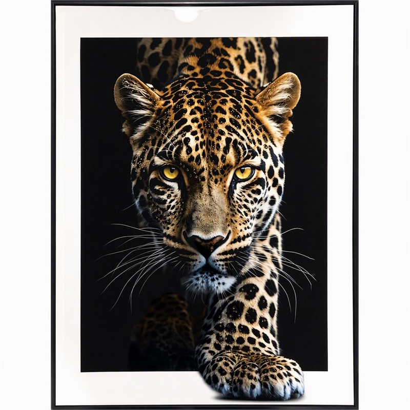 Pemberly Row Midnight Stalker II Leopard Portrait Gloss Canvas Black Frame
