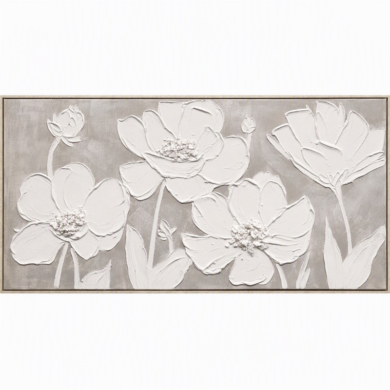 Pemberly Row Framed Canvas Floral Wall Art in Cream Wood Finish - 60