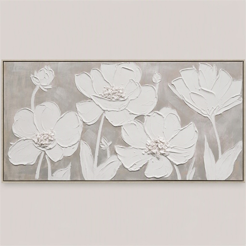 Pemberly Row Framed Canvas Floral Wall Art in Cream Wood Finish - 60