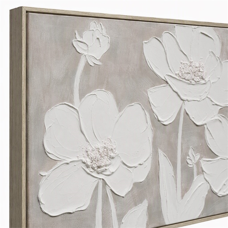 Pemberly Row Framed Canvas Floral Wall Art in Cream Wood Finish - 60