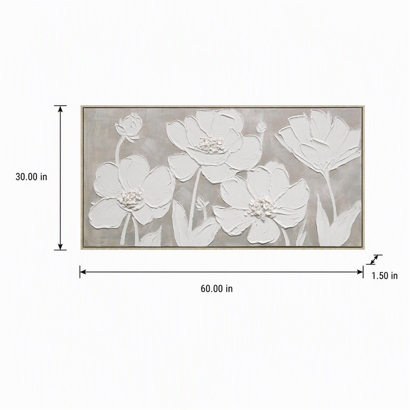 Pemberly Row Framed Canvas Floral Wall Art in Cream Wood Finish - 60