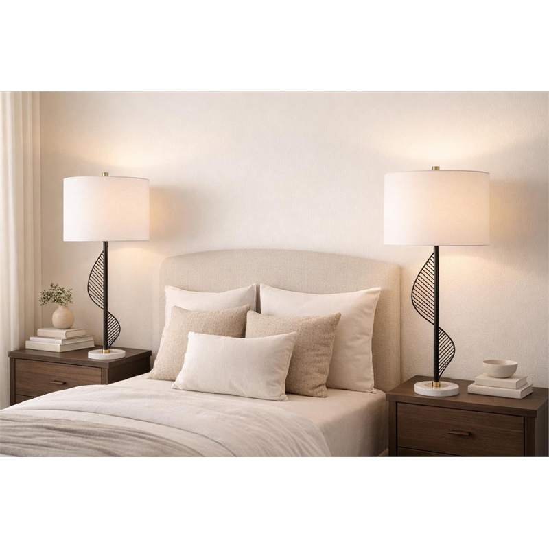 Pemberly Row Spiral Table Lamp in Matte Black and Gold with Marble Base