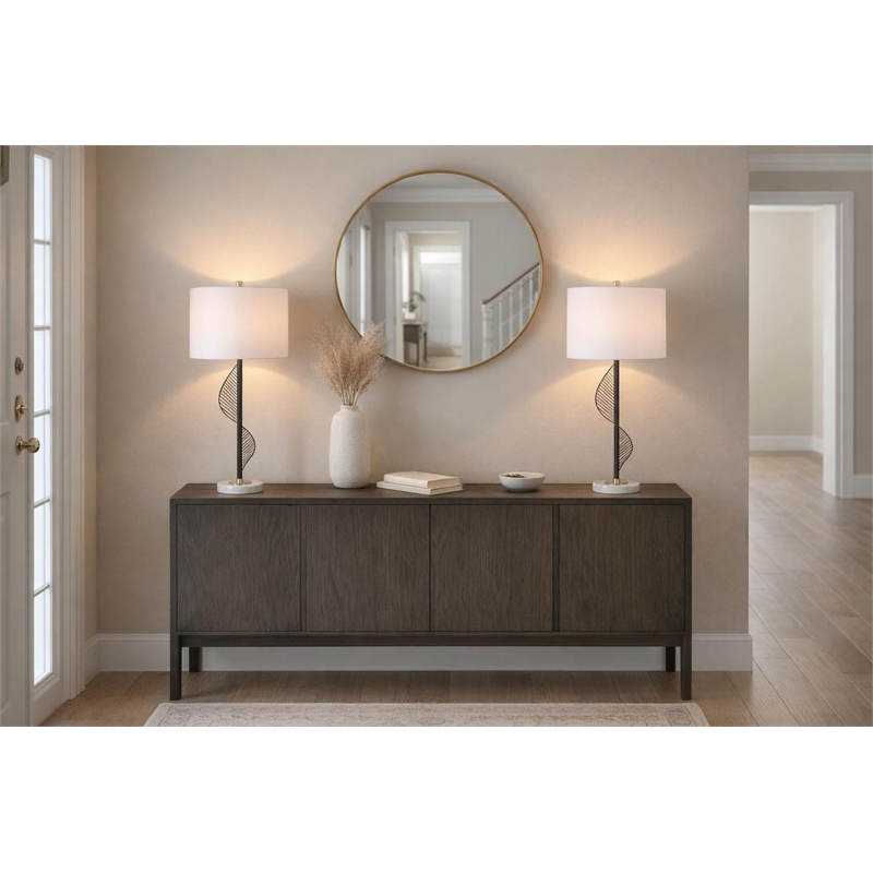 Pemberly Row Spiral Table Lamp in Matte Black and Gold with Marble Base