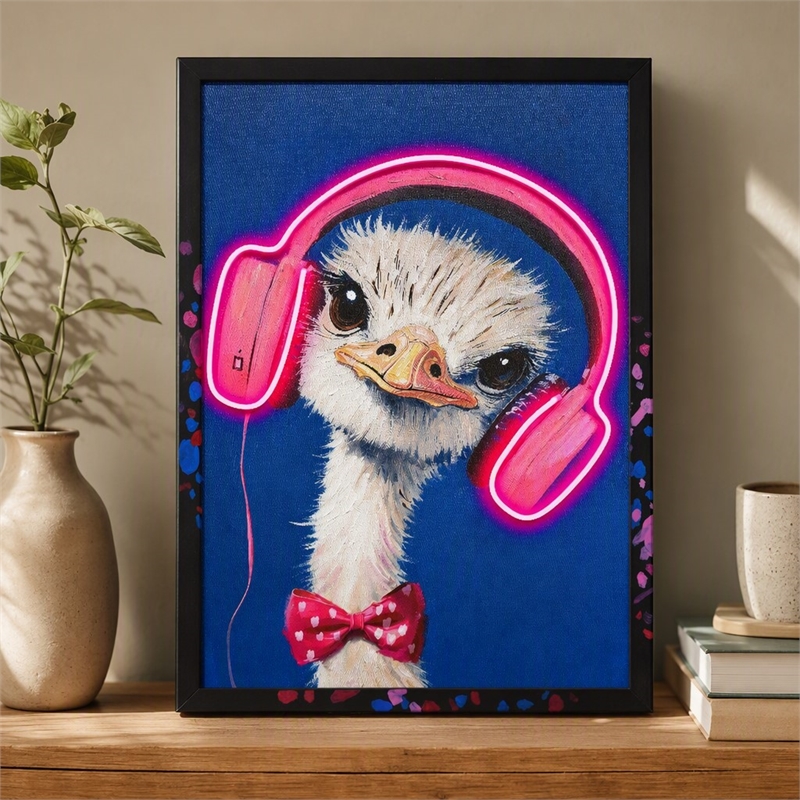 Pemberly Row Multicolor LED Neon Ostrich Canvas Wall Art with Wood Frame