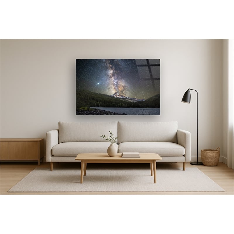 Pemberly Row Frameless Tempered Glass Wall Art with Mountain and Starry Sky