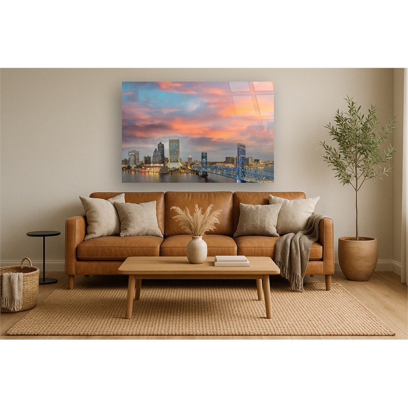 Pemberly Row Frameless Tempered Glass Skyline Wall Art Jacksonville Multicolor
