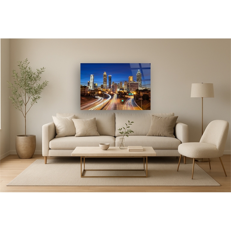 Pemberly Row Atlanta at Night Frameless Tempered Glass Wall Art Multicolor