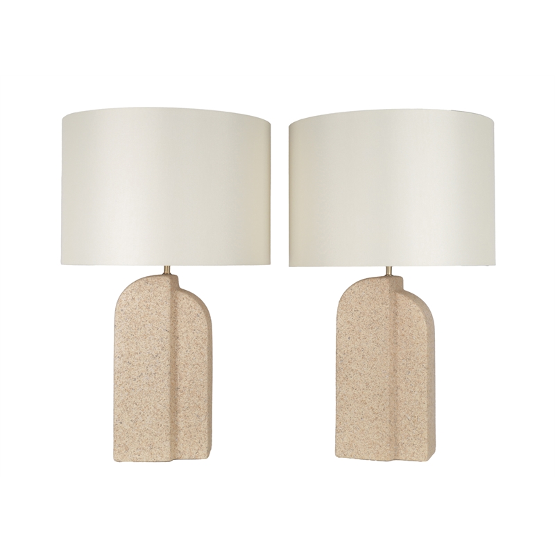 Pemberly Row Sculpted Sandstone Table Lamp with Linen Shade
