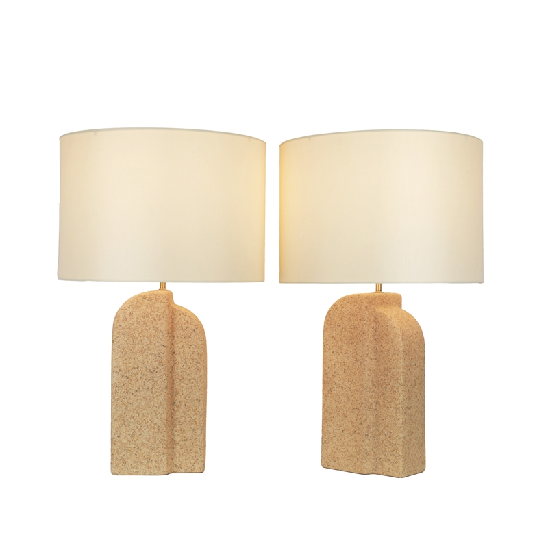 Pemberly Row Sculpted Sandstone Table Lamp with Linen Shade