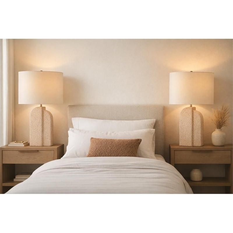 Pemberly Row Sculpted Sandstone Table Lamp with Linen Shade