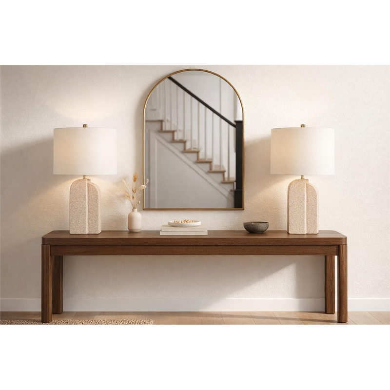 Pemberly Row Sculpted Sandstone Table Lamp with Linen Shade