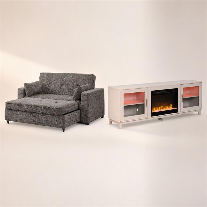 Pemberly Row Set of 2 - TV Stand Fireplace and Chenille Sofa Sleeper