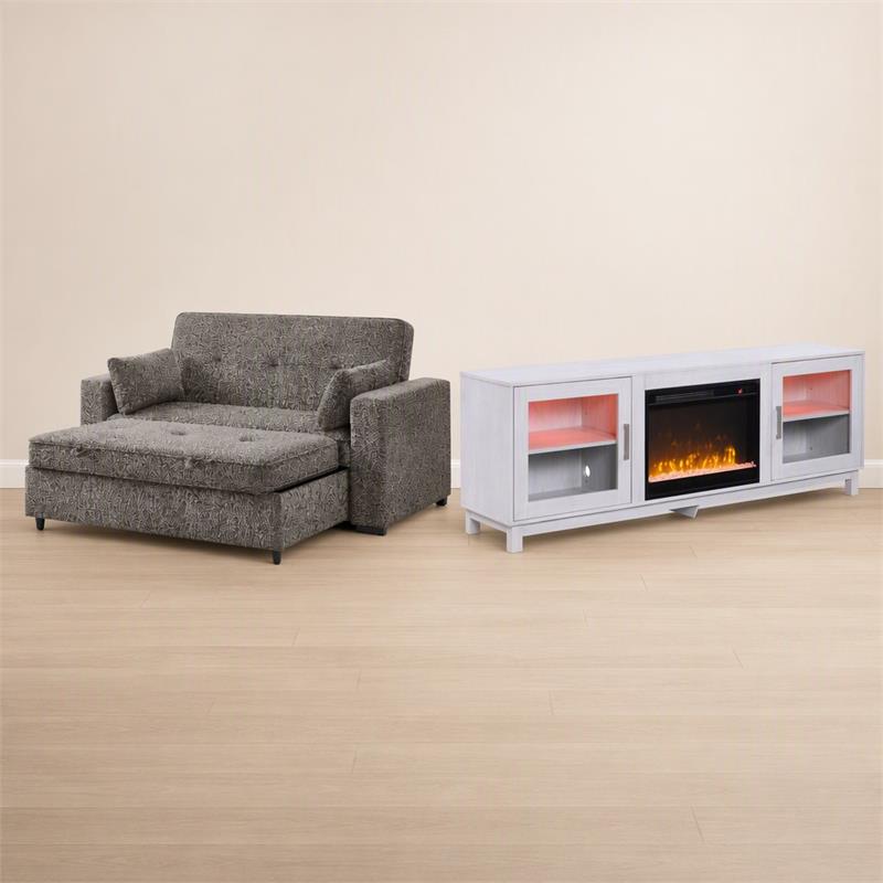 Pemberly Row Set of 2 - TV Stand Fireplace and Chenille Sofa Sleeper