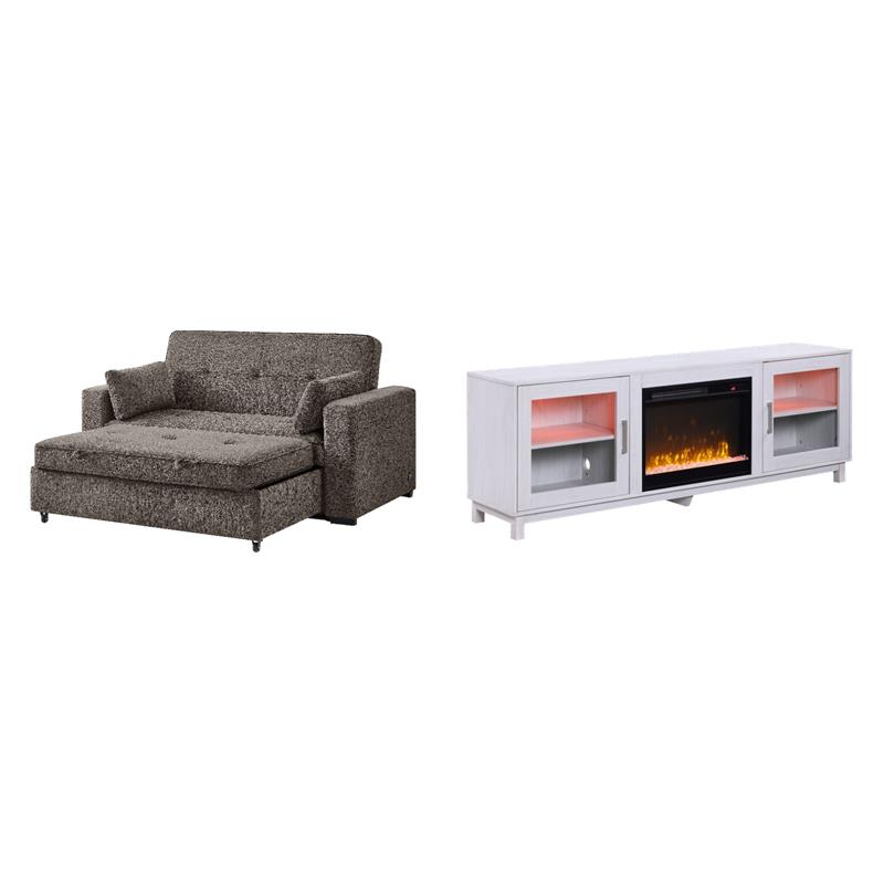Pemberly Row Set of 2 - TV Stand Fireplace and Chenille Sofa Sleeper