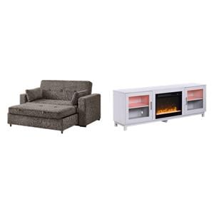 Pemberly Row Set of 2 - TV Stand Fireplace and Chenille Sofa Sleeper