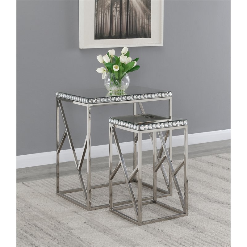 Pemberly Row 2-Piece Mirror Top Metal Frame Nesting Table in Silver