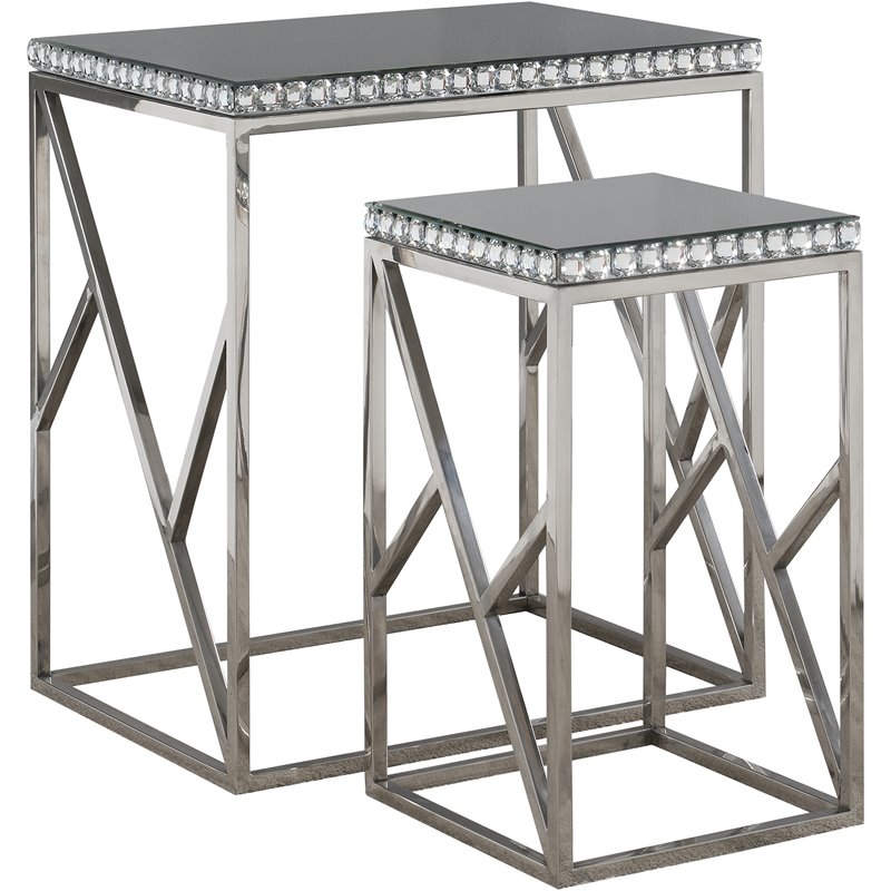 Pemberly Row 2-Piece Mirror Top Metal Frame Nesting Table in Silver