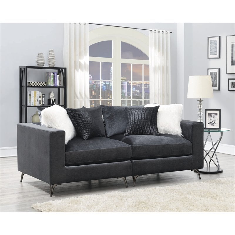 Pemberly Row Velvet LAF/RAF Arm Chair with Metal Leg in Charcoal