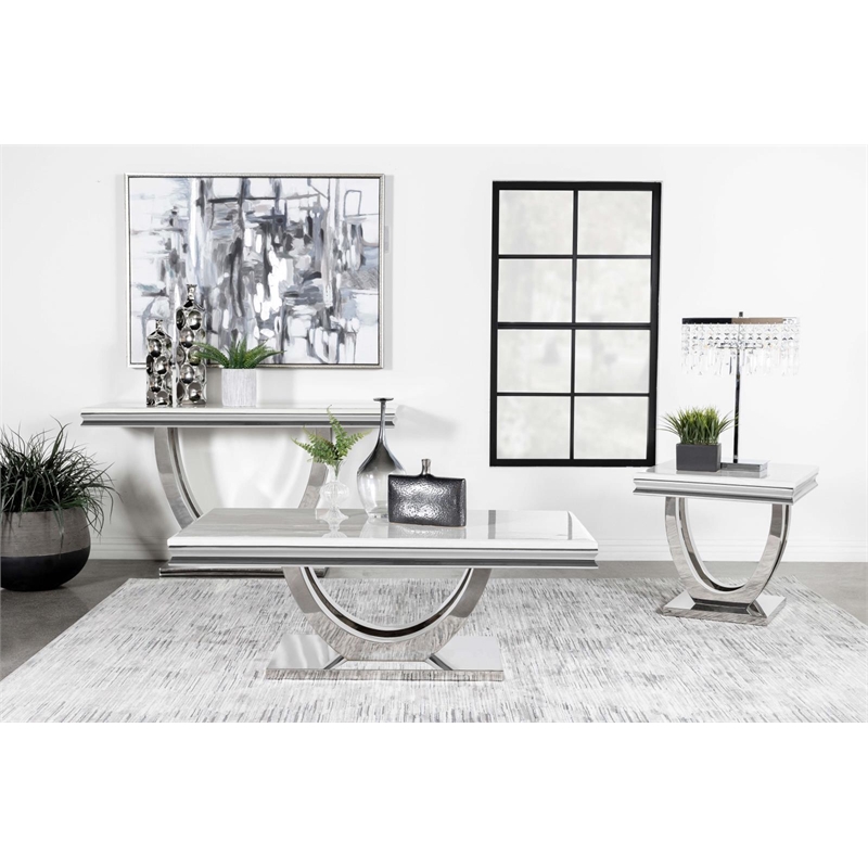 Pemberly Row Metal U-base Square End Table in White and Chrome