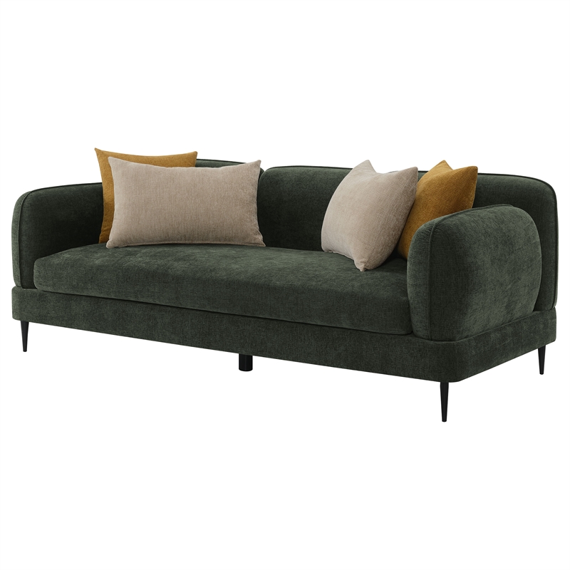 Pemberly Row Chenille Upholstered Modern Track Arm Sofa in Green