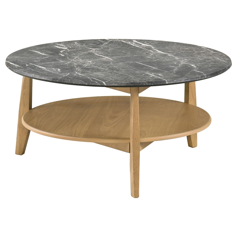 Pemberly Row 2-Piece Round Wood Coffee Table Set in Gray/Natural